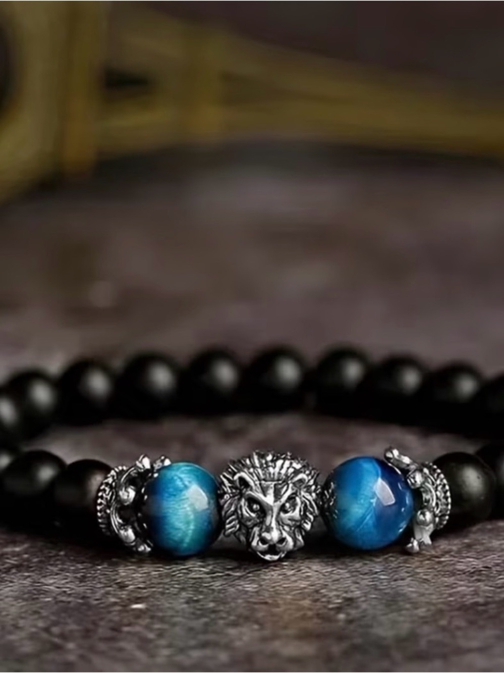 Gold Lion Bead Bracelet with Blue Tiger Eye and Black Matte Beads